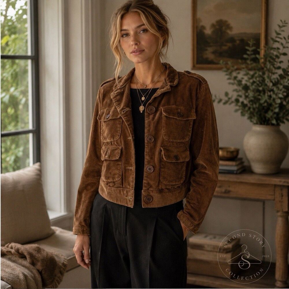 Star Jeans Women's M Tudor Brown Corduroy Cropped Jacket Button Front Y2K